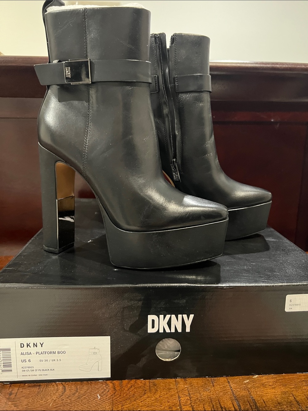 DKNY Black Leather Platform Ankle Booties with Buckle Detail